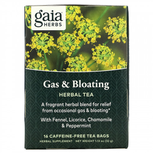 Gaia Herbs, травяной чай для облегчения эпизодического газообразования и вздутия живота, без кофеина, 16 чайных пакетиков, 32 г (1,13 унции)