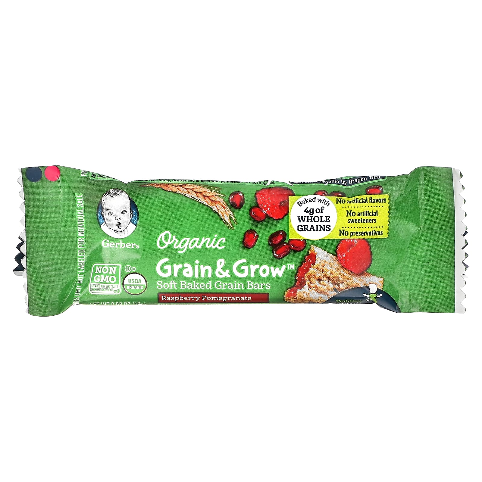 Gerber, Organic, Grain & Grow, батончики из мягкого запеченного зерна, от 12 месяцев, малиновый гранат, 8 батончиков в индивидуальной упаковке, 19 г (0,68 унции) каждый