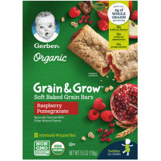 Gerber, Organic, Grain & Grow, батончики из мягкого запеченного зерна, от 12 месяцев, малиновый гранат, 8 батончиков в индивидуальной упаковке, 19 г (0,68 унции) каждый
