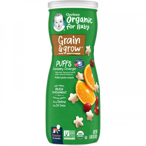 Gerber, Organic for Baby, Grain & Grow, Puffs, снек из воздушных злаков, для детей от 8 месяцев, клюква и апельсин, 42 г (1,48 унции)