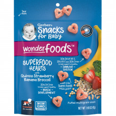 Gerber, Snacks for Baby, Wonder Foods, воздушные закуски из нескольких злаков, Superfood Hearts, от 10 месяцев, киноа, клубника, банан, брокколи, 42 г (1,48 унции)
