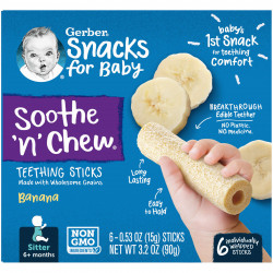 Gerber, Soothe 'N' Chew, палочки для прорезывания зубов, от 6 месяцев, банан, 6 стиков в индивидуальной упаковке, 15 г (0,53 унции)