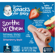 Gerber, Snacks for Baby, Soothe 'n' Chew, палочки для прорезывания зубов, от 6 месяцев, клубничное яблоко, 6 палочек в индивидуальной упаковке, 15 г (0,53 унции) каждый