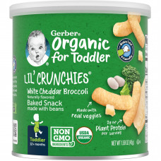 Gerber, Organic Lil 'Crunchies, запеченная с бобами закуска, от 12 месяцев, белый чеддер и брокколи, 45 г (1,59 унции)