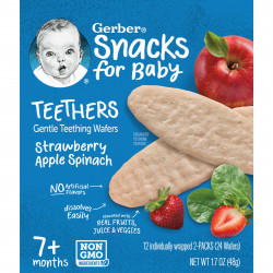 Gerber, Детские снеки, прорезыватели, вафли для защиты зубов, от 7 месяцев, клубника, яблоко и шпинат, 12 пакетиков по 2 шт. В индивидуальной упаковке, по 2 вафли