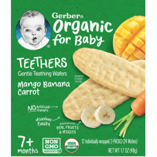 Gerber, Organic for Baby, вафли для защиты зубов, от 7 месяцев, манго, банан и морковь, 12 пакетиков по 2 шт. В индивидуальной упаковке, по 2 вафли