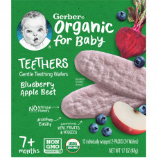 Gerber, Organic Teethers, вафли для мягкого прорезывания зубов, для малышей от 7 месяцев, черника, яблоко и свекла, 12 пакетиков по 2 вафли в каждом