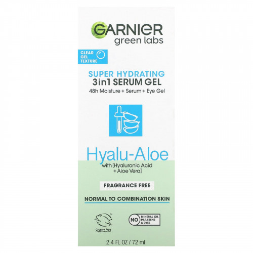Garnier, Green Labs, суперувлажняющая сыворотка-гель 3 в 1, гиалу и алоэ, без отдушек, 72 мл (2,4 жидк. Унции)