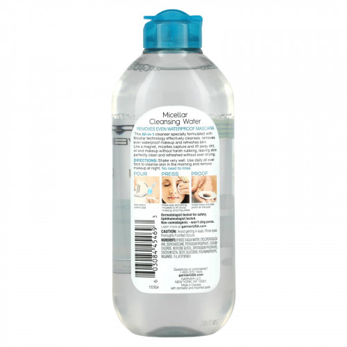 Garnier, SkinActive, мицеллярная очищающая вода, средство для снятия макияжа (в том числе водостойкой туши) «все в 1», для всех типов кожи, 400 мл