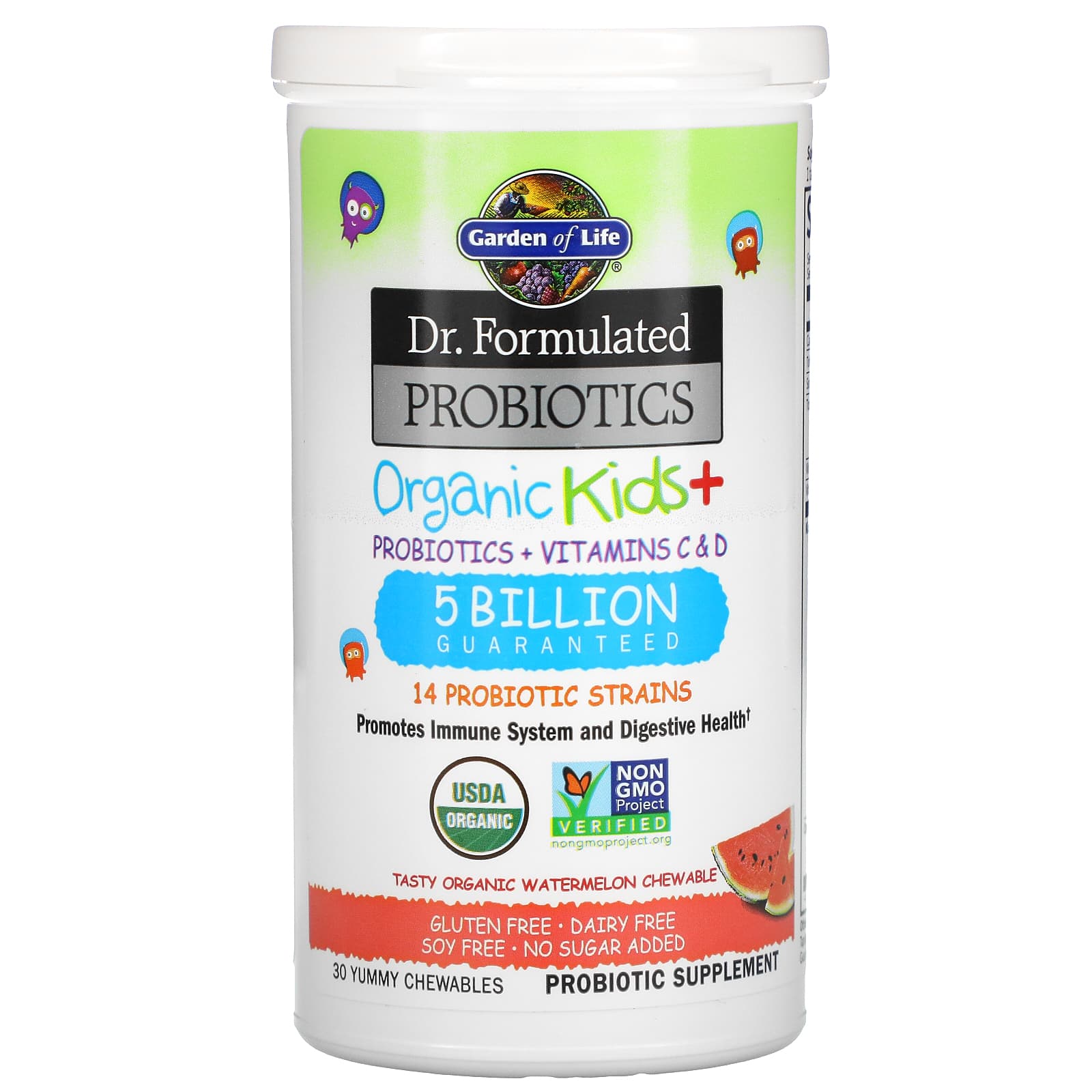 Garden of Life, Dr. Formulated Probiotics, Organic Kids +, со вкусом органического арбуза, 30 вкусных жевательных таблеток