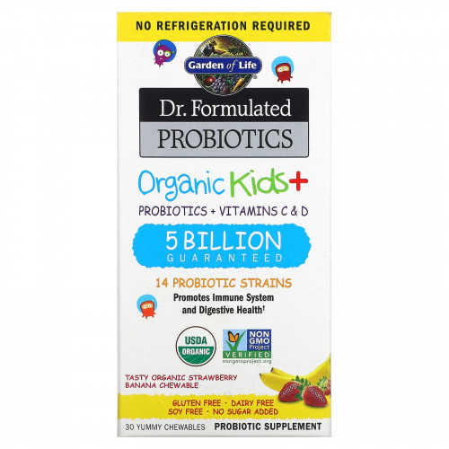 Garden of Life, Dr Formulated Probiotics, Organic Kids+, органические пробиотики для детей, со вкусом органической клубники и банана, 30 вкусных жевательных таблеток