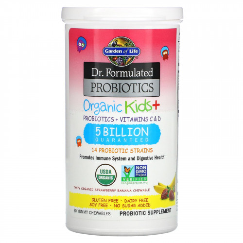 Garden of Life, Dr Formulated Probiotics, Organic Kids+, органические пробиотики для детей, со вкусом органической клубники и банана, 30 вкусных жевательных таблеток