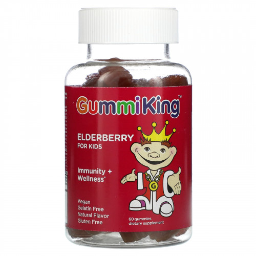 GummiKing, Бузина для детей, для иммунитета и хорошего самочувствия, малина, 60 жевательных таблеток