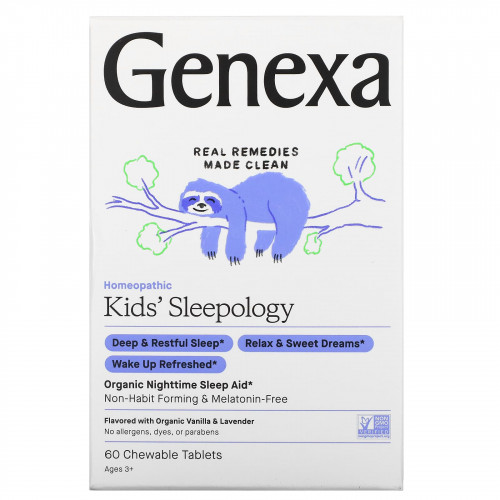 Genexa LLC, Kid's Sleepology, органическая добавка для нормализации ночного сна, вкус ванили и лаванды, для детей от 3 лет, 60 жевательных таблеток
