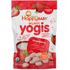 Happy Family Organics, Organic Yogis, органические снеки из сублимированного йогурта с фруктами, с клубникой, 28 г (1 унция)