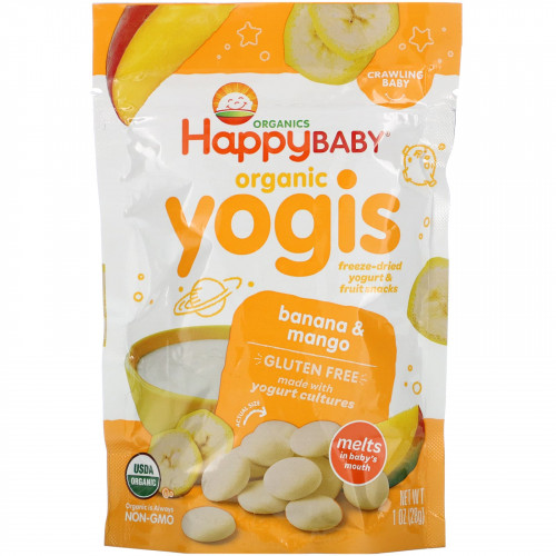 Happy Family Organics, Yogis, органические снеки из сублимированного йогурта с фруктами, банан и манго, 28 г