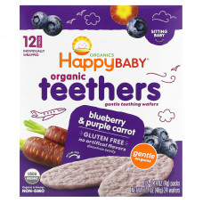 Happy Family Organics, Organic Teethers, мягкие вафли для прорезывания зубов, голубика и фиолетовая морковь, 12 пакетиков по 4 г (0,14 унции)