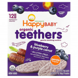 Happy Family Organics, Organic Teethers, мягкие вафли для прорезывания зубов, голубика и фиолетовая морковь, 12 пакетиков по 4 г (0,14 унции)