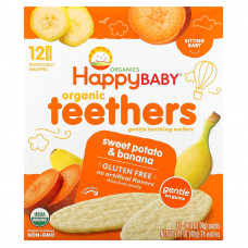 Happy Family Organics, Organic Teethers, мягкие вафли для прорезывания зубов, батат и банан, 12 пакетиков по 4 г (0,14 унции)