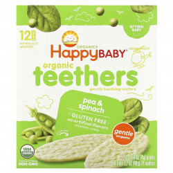 Happy Family Organics, Organic Teethers, вафли для защиты зубов, горох и шпинат, 12 пакетиков по 4 г (0,14 унции)