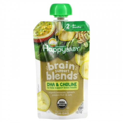 Happy Family Organics, Happy Baby, смеси для поддержки мозга, от 6 месяцев, органические бананы, шпинат, маракуйя и овес, 113 г (4 унции)