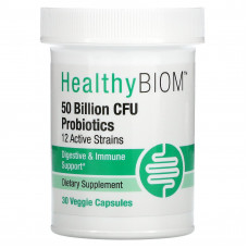 HealthyBiom, пробиотики, 50 млрд КОЕ, 12 активных штаммов, 30 растительных капсул