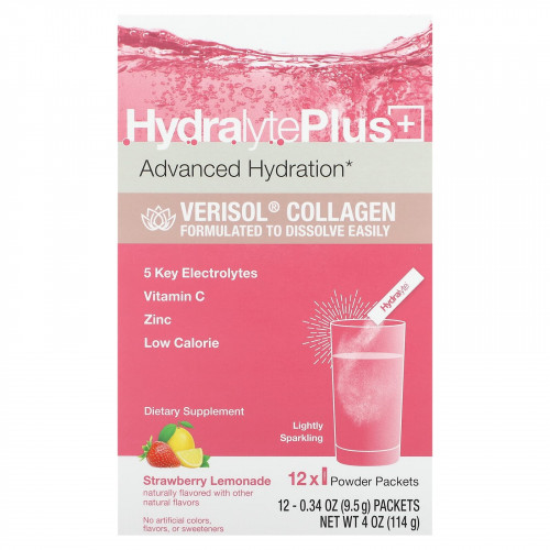 Hydralyte, Advanced Hydration, Verisol Collagen, клубничный лимонад, 12 пакетиков с порошком по 9,5 г (0,34 унции)