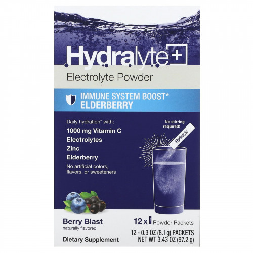 Hydralyte, Electrolyte Powder, Immune System Boost with Elderberry, Berry Blast, 12 Packets, 0.3 oz (8.1 g) Each