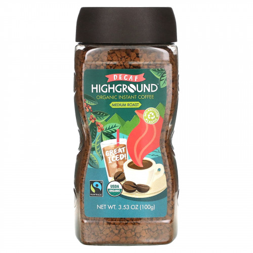 Highground Coffee, органический растворимый кофе, средняя обжарка, без кофеина, 100 г (3,53 унции)