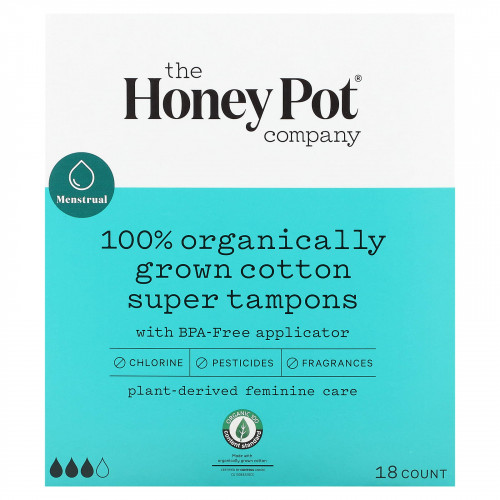The Honey Pot Company, Тампоны из 100% органического хлопка, супер, 18 шт.