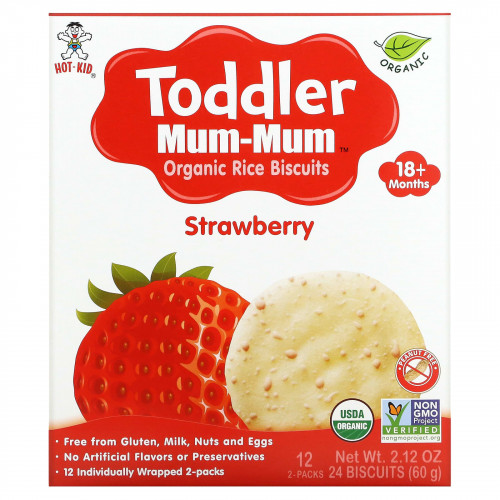 Hot Kid, Toddler Mum-Mum, органическое рисовое печенье, для детей от 18 месяцев, со вкусом клубники, 12 пачек, по 2 шт.