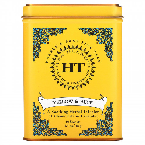 Harney & Sons, HT Tea Blend, желтый и голубой, ромашка и лаванда, без кофеина, 20 чайных саше, 40 г (1,4 унции)