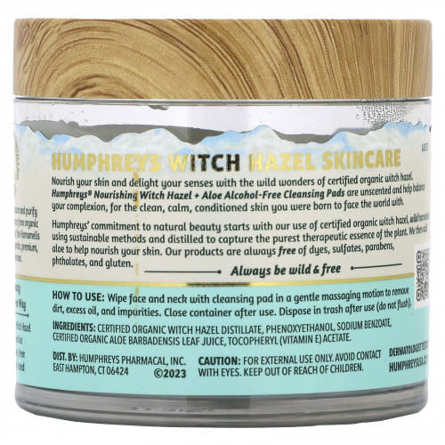 Humphreys, Witch Hazel, питательные очищающие салфетки, без спирта, 60 биоразлагаемых салфеток