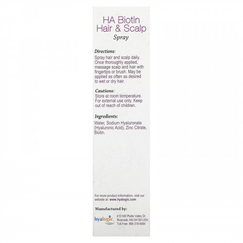 Hyalogic LLC, Спрей для волос и кожи головы с биотином ХА, 4 жидк. унц. (118 мл)