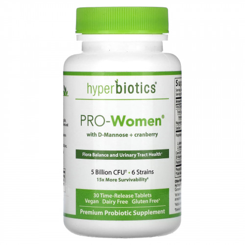 Hyperbiotics, PRO-Women с D-маннозой и клюквой, без добавок, 5 млрд КОЕ, 30 таблеток с замедленным высвобождением