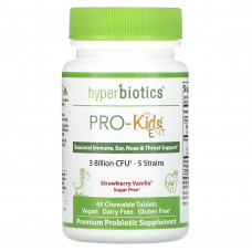 Hyperbiotics, PRO-Kids ENT, пробиотики для детей, без сахара, с клубничным и ванильным вкусом, 45 запатентованных жевательных таблеток LiveBac