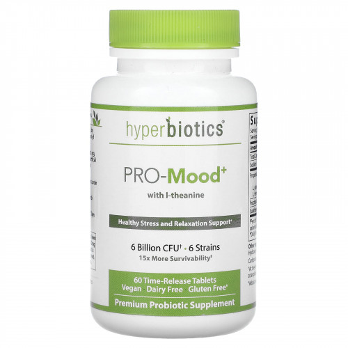 Hyperbiotics, Pro-Mood с L-теанином, 6 млрд КОЕ, 60 таблеток с замедленным высвобождением