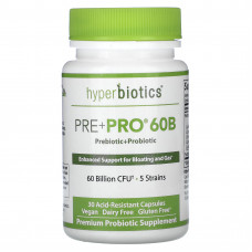Hyperbiotics, Pre + Pro 60B, 60 млрд КОЕ, 30 кислотостойких капсул