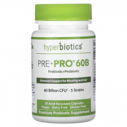 Hyperbiotics, Pre + Pro 60B, 60 млрд КОЕ, 30 кислотостойких капсул