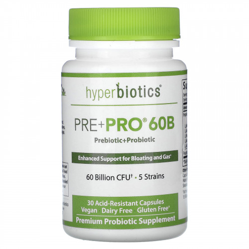 Hyperbiotics, Pre + Pro 60B, 60 млрд КОЕ, 30 кислотостойких капсул