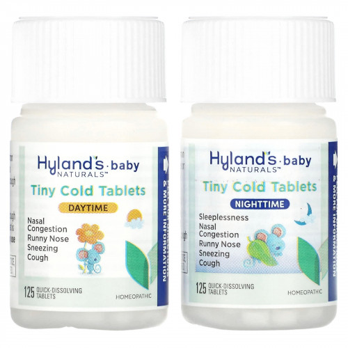 Hyland's Naturals, Для детей, комбо-упаковка в крошечных таблетках от простуды, для дневного и вечернего приема, для детей от 6 месяцев, 2 флакона, по 125 быстрорастворимых таблеток
