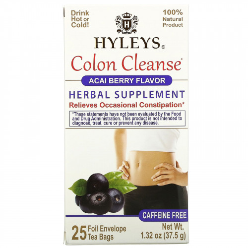 Hyleys Tea, Colon Cleanse, ягоды асаи, без кофеина, 25 чайных пакетиков в фольгированной упаковке, по 1,5 г (0,05 унции)
