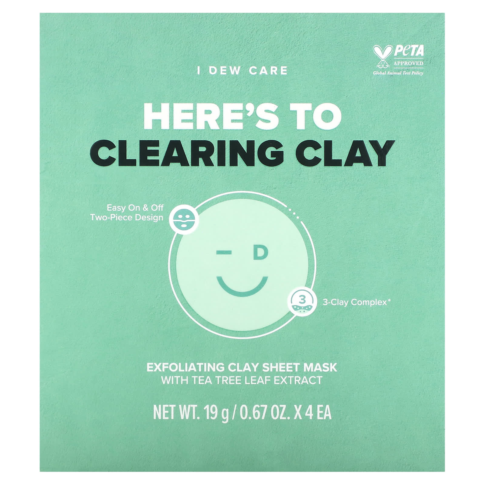 I Dew Care, Here's To Clearing Clay, отшелушивающая тканевая маска из глины, 4 тканевые маски, 19 г (0,67 унции) каждая