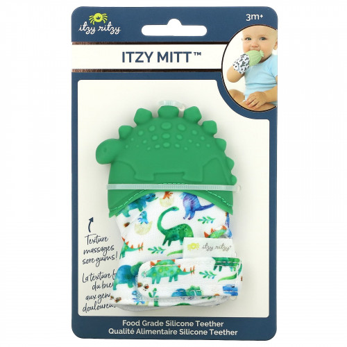 itzy ritzy, Itzy Mitt, пищевой силиконовый прорезыватель для зубов, от 3 месяцев, динозавр, 1 прорезыватель