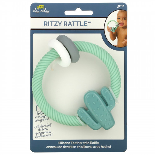 itzy ritzy, Ritzy Rattle, силиконовый прорезыватель с погремушкой, для детей от 3 месяцев, кактус, 1 прорезыватель для зубов