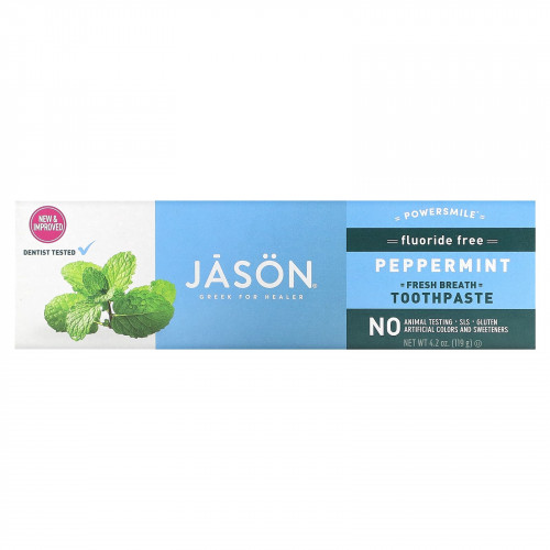 Jason Natural, Powersmile, зубная паста для свежего дыхания, без фтора, перечная мята, 119 г (4,2 унции)