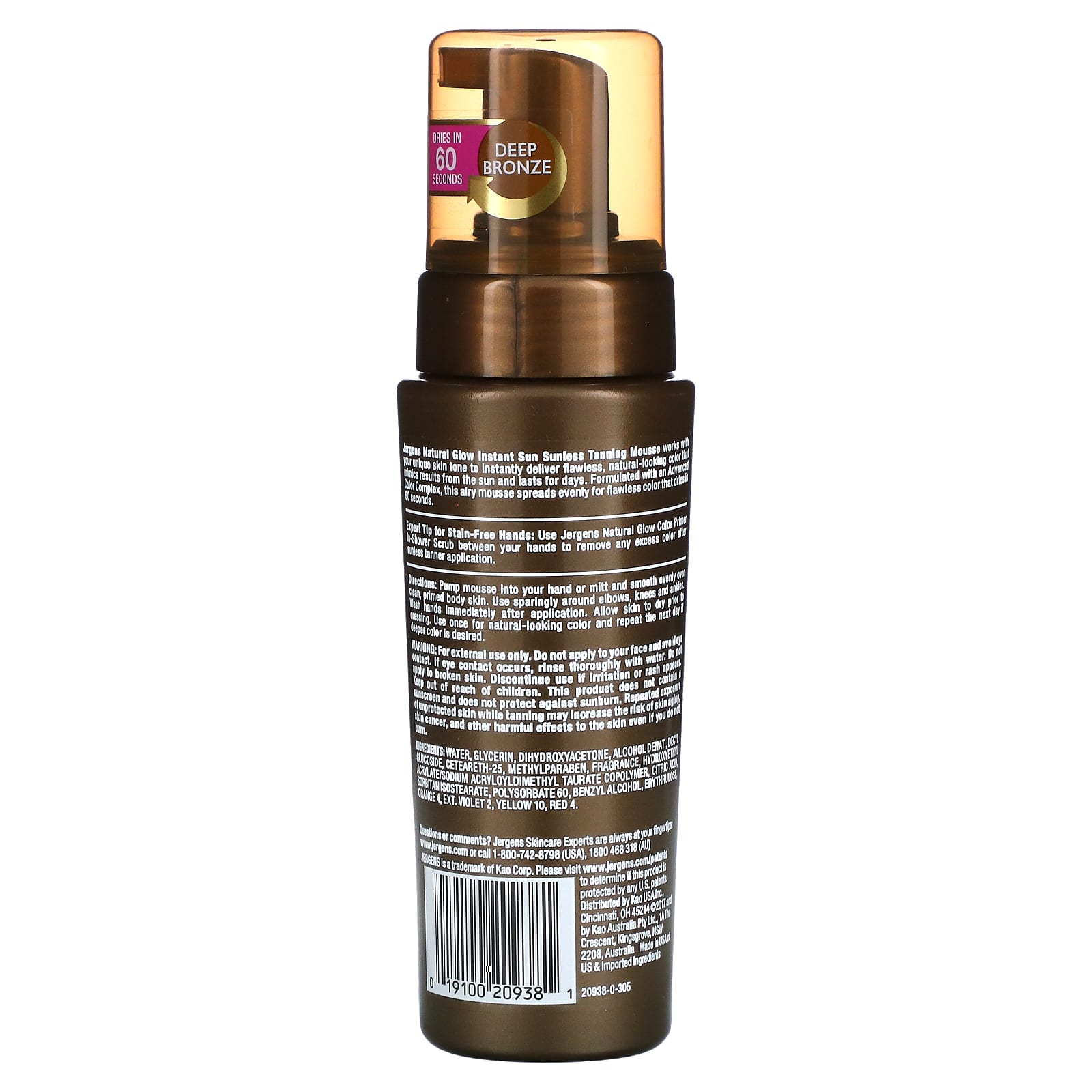 Jergens, Мусс для автозагара Natural Glow, Instant Sun, оттенок Deep Bronze, 177 мл