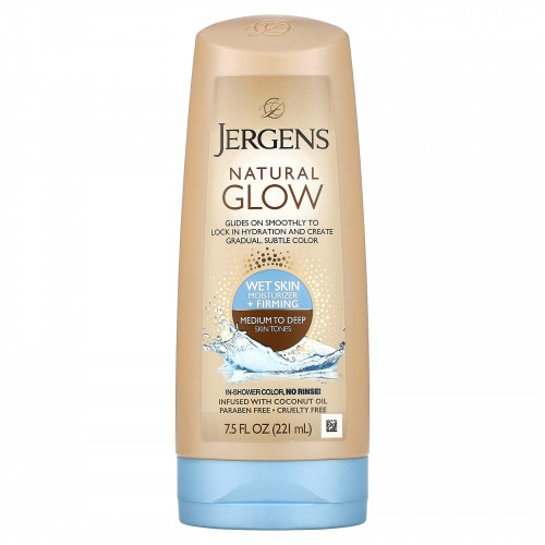 Jergens, Увлажняющее средство Natural Glow для нанесения на влажную кожу, укрепляющее, оттенок Medium to Tan (221 мл)