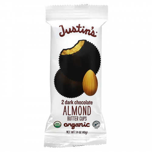 Justin's Nut Butter, Органический темный шоколад с миндальным маслом, 2 стакана, 40 г (1,4 унции)