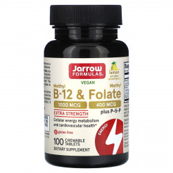 Jarrow Formulas, веганский метил B12 и метилфолат, повышенная сила действия, со вкусом лимона, 100 жевательных таблеток